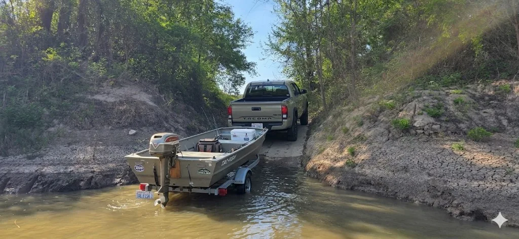 Flat-bottom jon boat being launched from a Tacoma at the ramp