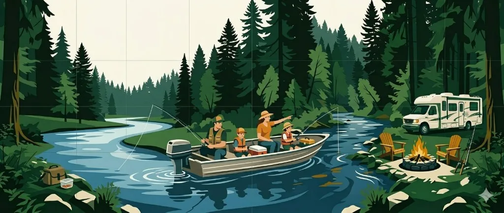 Illustration of a family fishing from a motorboat on the Trinity River near a forested RV campsite