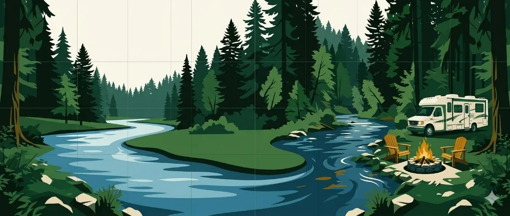 Illustration of an RV campsite with campfire and chairs beside a winding blue river