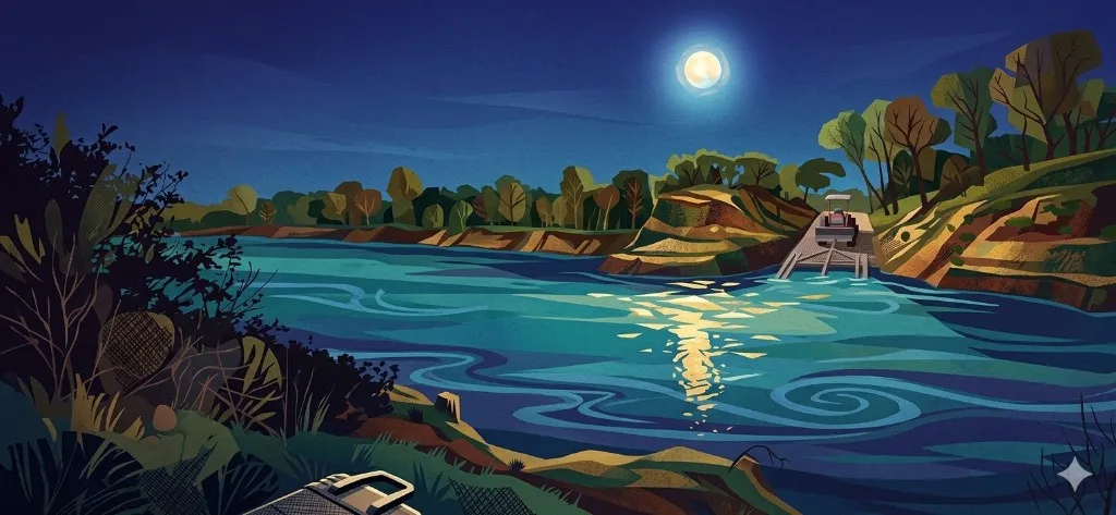 Illustration of the Trinity River at night under a full moon with boat launch