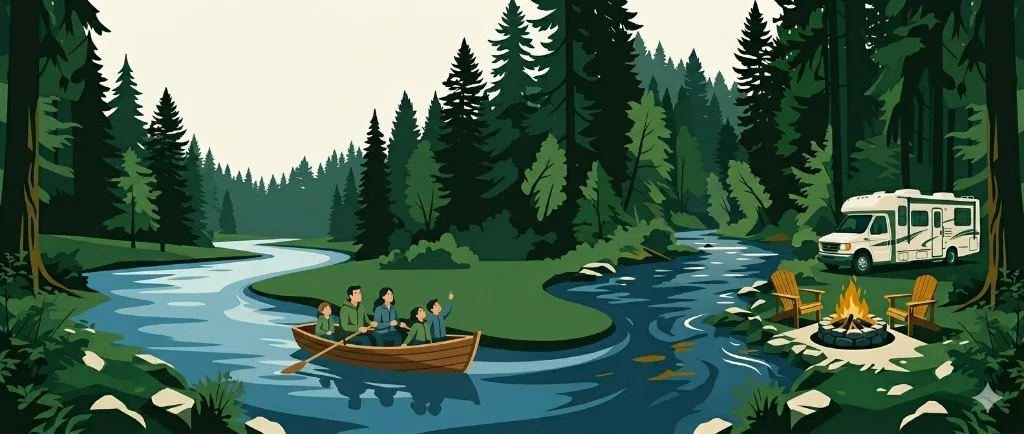 Illustration of a family in a rowboat on the river near an RV and campfire