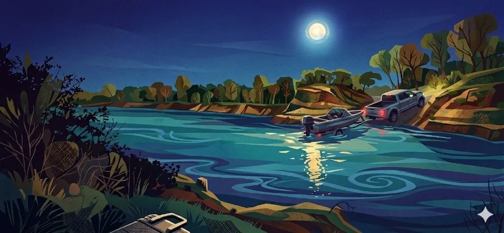 Illustration of a Ford truck launching a fishing boat on the Trinity River under a full moon